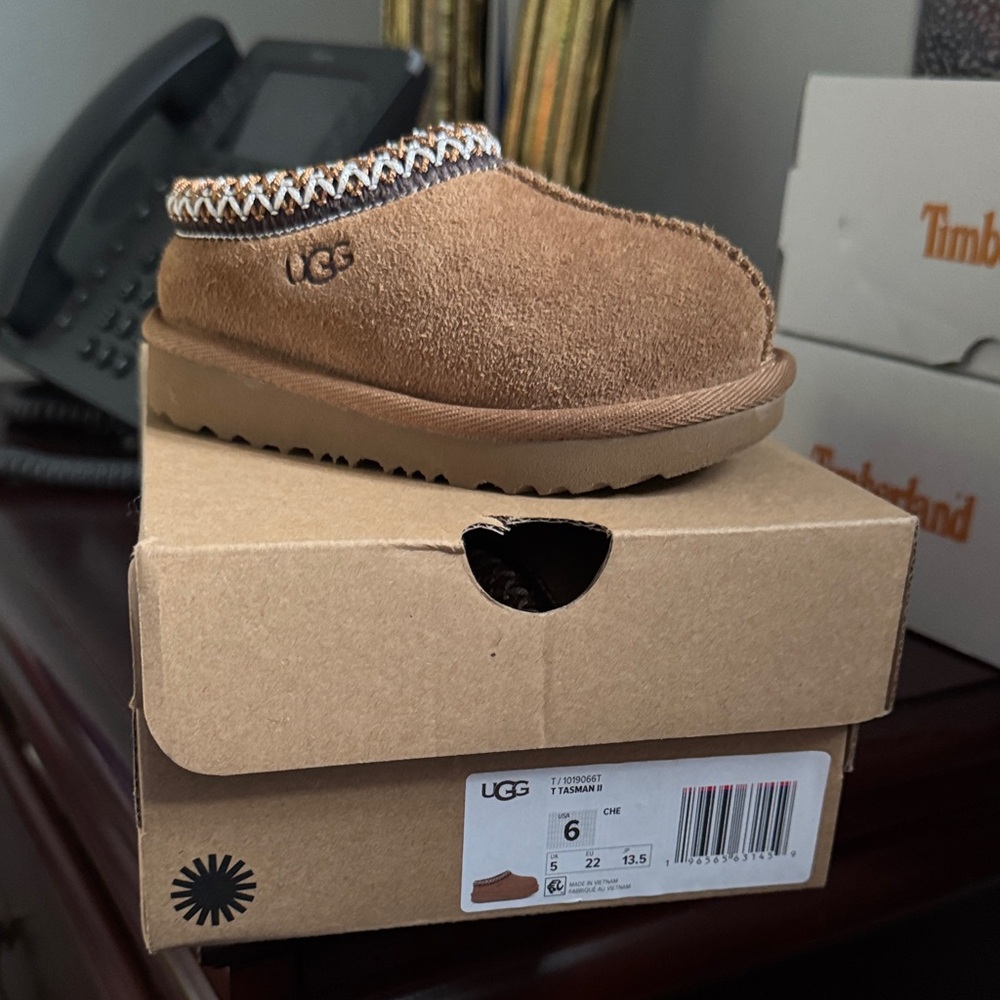 UGG Tan Suede Slip-Ons with Patterned Trim